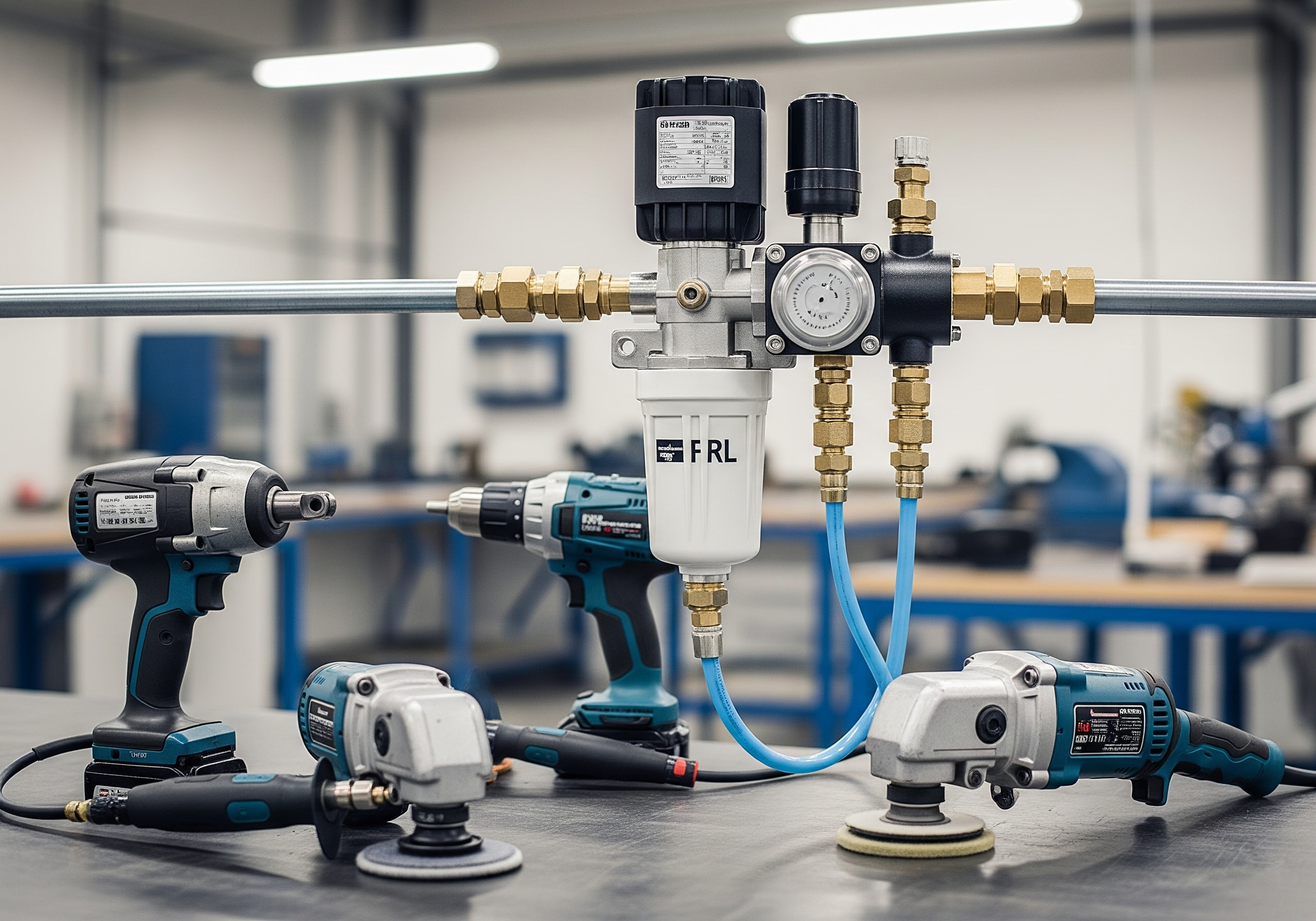 A complete pneumatic FRL (Filter-Regulator-Lubricator) unit providing clean, regulated, and lubricated air for pneumatic tools in workshops and on assembly lines.