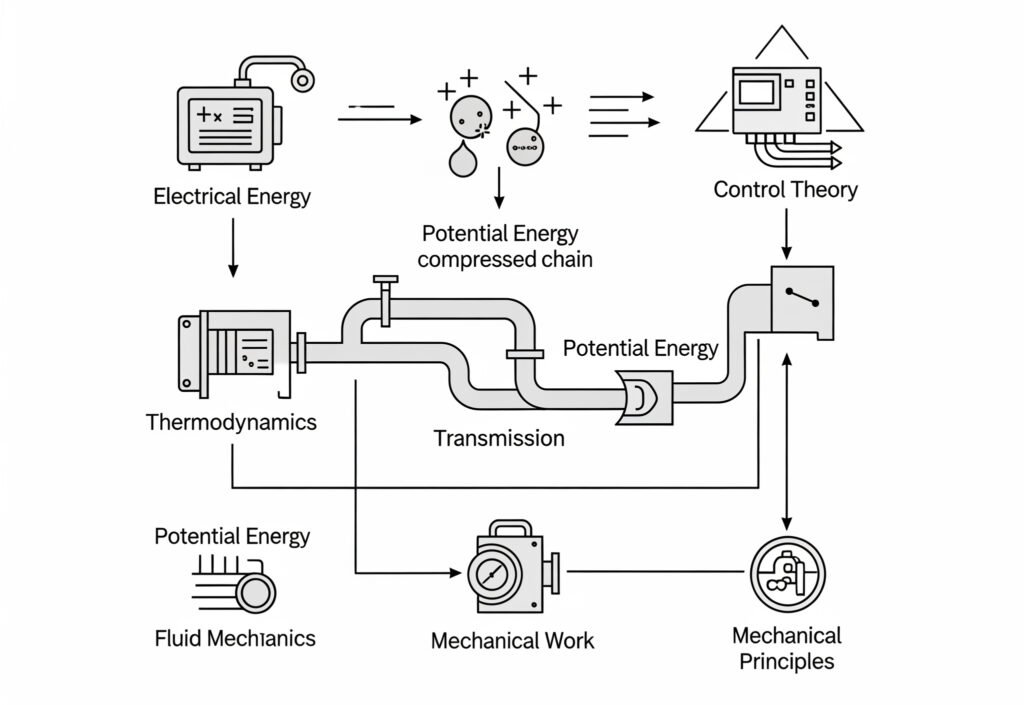 Pnömatik teorinin temel ilkelerini açıklayan bir infografik diyagram. Elektrik enerjisi ve termodinamik ile başlayan, iletim için akışkanlar mekaniğinden geçen ve mekanik prensipler ve kontrol teorisi tarafından yönetilen mekanik iş ile sonuçlanan bir enerji dönüşüm zincirini göstermektedir.