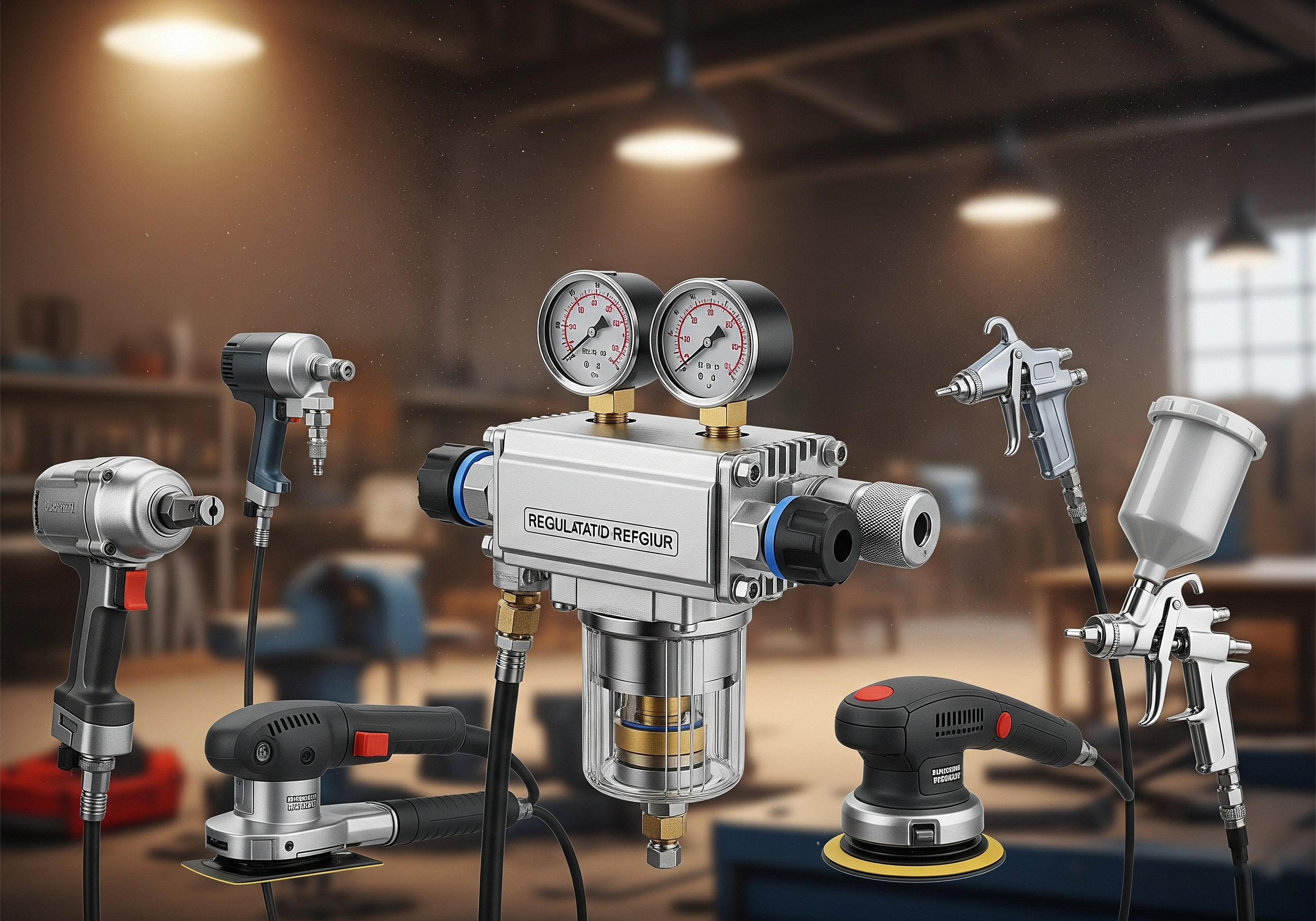 A pneumatic filter-regulator providing clean, regulated air to power pneumatic tools like impact wrenches, grinders, sanders, and spray guns for optimal performance.