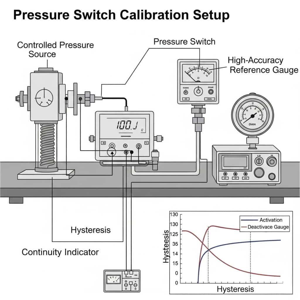 A technical illustration of a pressure switch calibration setup. On a lab bench, a pressure switch is connected to a controlled pressure source and a high-accuracy reference gauge. A continuity indicator is wired to the switch to show its activation state. An inset graph visually explains the concept of hysteresis, showing that the switch activates at a higher pressure than it deactivates.