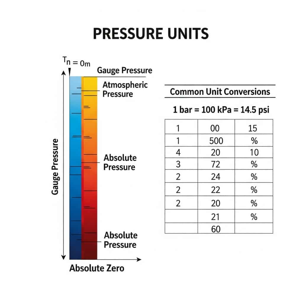 A technical infographic explaining different types of pressure measurement. A large vertical bar chart illustrates that 'Absolute Pressure' is measured from a baseline of 'Absolute Zero (Vacuum),' while 'Gauge Pressure' is measured from the local 'Atmospheric Pressure' baseline. A separate, smaller chart on the side provides 'Common Unit Conversions,' showing the equivalence of 1 bar, 100 kPa, and 14.5 psi.