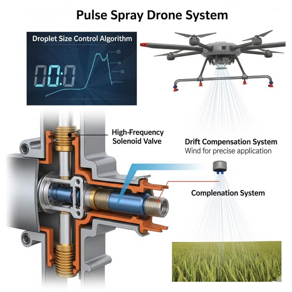 A detailed infographic of a pulse spray drone's nozzle system. The illustration uses callouts to explain key features: a cutaway view shows the internal 'High-Frequency Solenoid Valve,' a digital overlay represents the 'Droplet Size Control Algorithm,' and the spray is shown adjusting its angle to counteract wind, demonstrating the 'Drift Compensation System'.