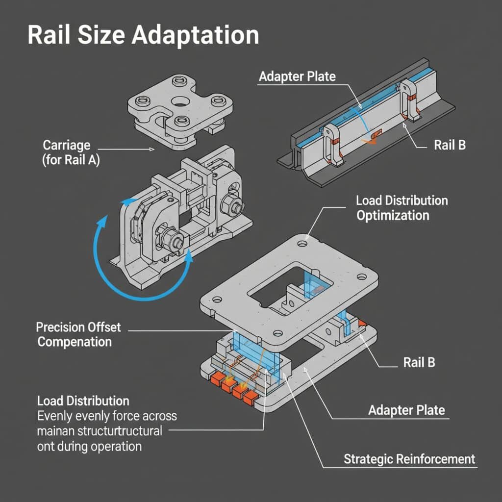 Infografis teknis yang menunjukkan adaptor ukuran rel dalam tampilan yang meledak. Tiga komponen ditampilkan sejajar secara vertikal: 'Carriage (untuk Rel A)' pneumatik di bagian atas, 'Adapter Plate' khusus di bagian tengah, dan 'Rel B' dengan bentuk yang berbeda di bagian bawah. Diagram mengilustrasikan bahwa adaptor dibuat khusus untuk menghubungkan gerbong dan rel yang tidak kompatibel. Keterangan menunjukkan fitur adaptor, termasuk 'Kompensasi Offset Presisi' dan 'Penguatan Strategis'.