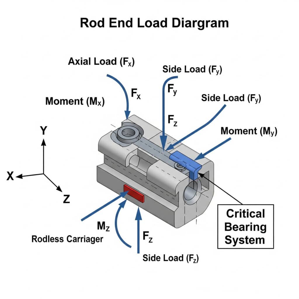 A 3D technical illustration of a rod end load diagram for a rodless cylinder's carriage, set against a coordinate system. The diagram uses labeled arrows to show the different forces acting on the carriage: 'Axial Load (Fx)' in the direction of travel, vertical 'Side Load (Fy),' and horizontal 'Side Load (Fz).' Curved arrows illustrate the three rotational moment loads: 'Moment (Mx),' 'Moment (My),' and 'Moment (Mz).' A callout also identifies the internal 'Critical Bearing System.'