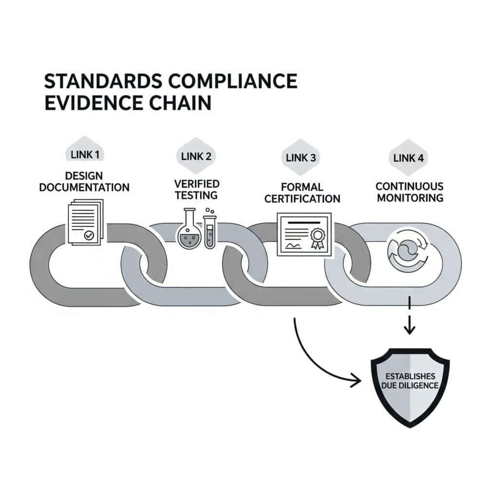 A flowchart infographic designed as four large, interconnected chain links to illustrate a 'Standards Compliance Evidence Chain.' The first link is labeled 'Design Documentation,' the second is 'Verified Testing,' the third is 'Formal Certification,' and the fourth is 'Continuous Monitoring.' The visual metaphor of a chain represents an unbroken line of proof that establishes due diligence.