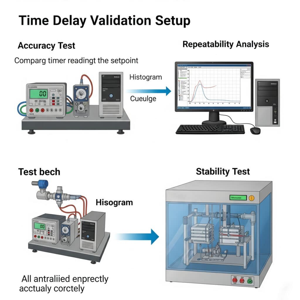A technical infographic of a time delay validation setup in a laboratory style. It shows a pneumatic timing valve on a test bench undergoing three tests: an 'Accuracy Test' compares the measured delay to the setpoint, a computer screen displays a histogram for 'Repeatability Analysis,' and the entire setup is in an environmental chamber to perform a 'Stability Test' under varying temperature and pressure.