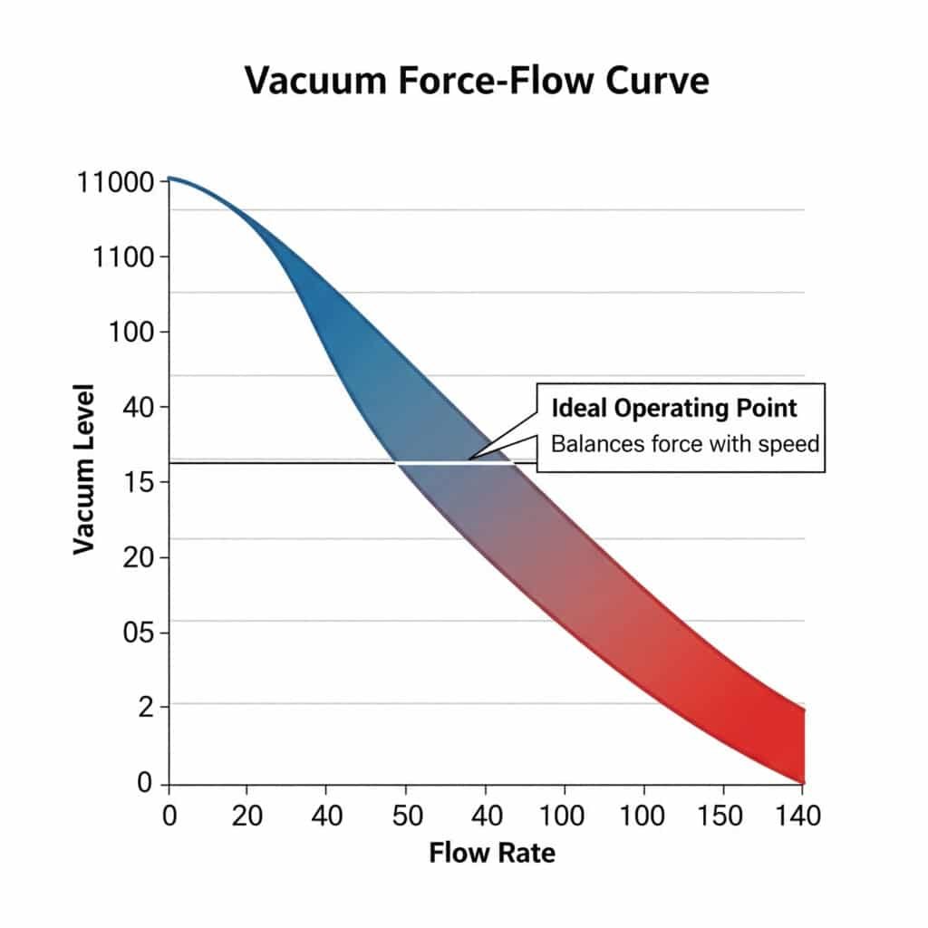 A line graph illustrating a 'Vacuum Force-Flow Curve,' which plots 'Vacuum Level' on the y-axis against 'Flow Rate' on the x-axis. The curve shows an inverse relationship, starting high on the left (high vacuum, low flow) and ending low on the right (low vacuum, high flow). A point in the middle of the curve is highlighted and labeled as the 'Ideal Operating Point,' with a note explaining that this point 'Balances force with speed.'