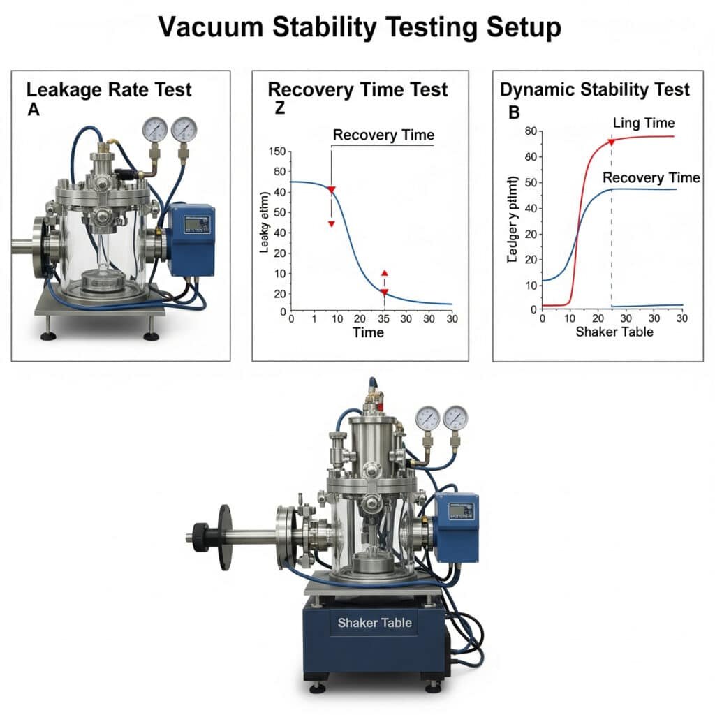A three-panel infographic illustrating a vacuum stability testing setup. The first panel, 'Leakage Rate Test,' shows a vacuum system with a graph plotting its slow decay over time. The second panel, 'Recovery Time Test,' shows the system recovering from a disturbance, with the 'Recovery Time' labeled on a corresponding graph. The third panel, 'Dynamic Stability Test,' shows the system on a shaker table to test its ability to maintain a vacuum under vibration.