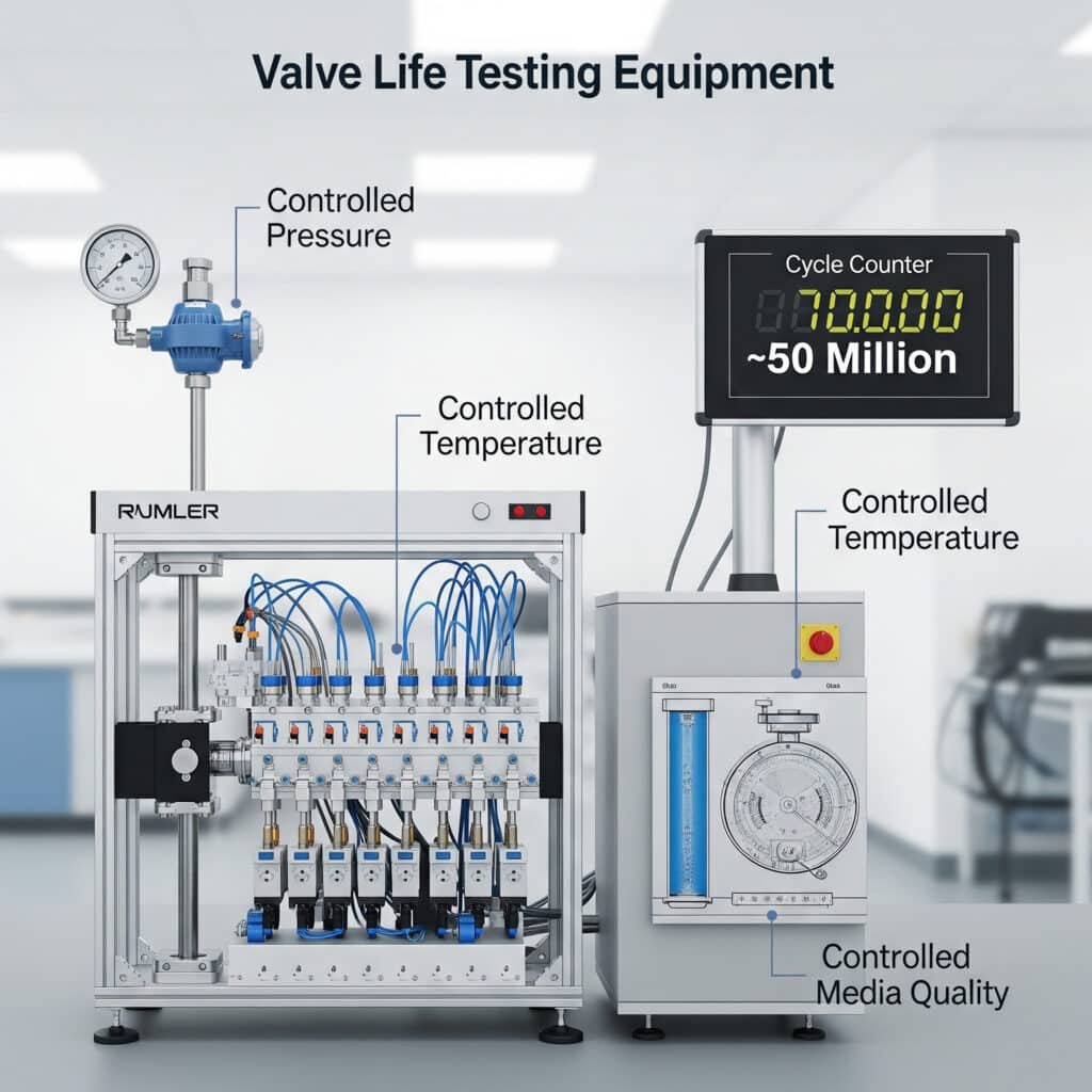 A technical illustration of valve life testing equipment in a clean laboratory setting. The image shows a manifold of pneumatic valves inside an environmental chamber for temperature control. Callouts point to the controlled pressure and media quality (filtration) systems. A large digital cycle counter prominently displays a number in the tens of millions, indicating an accelerated life test.