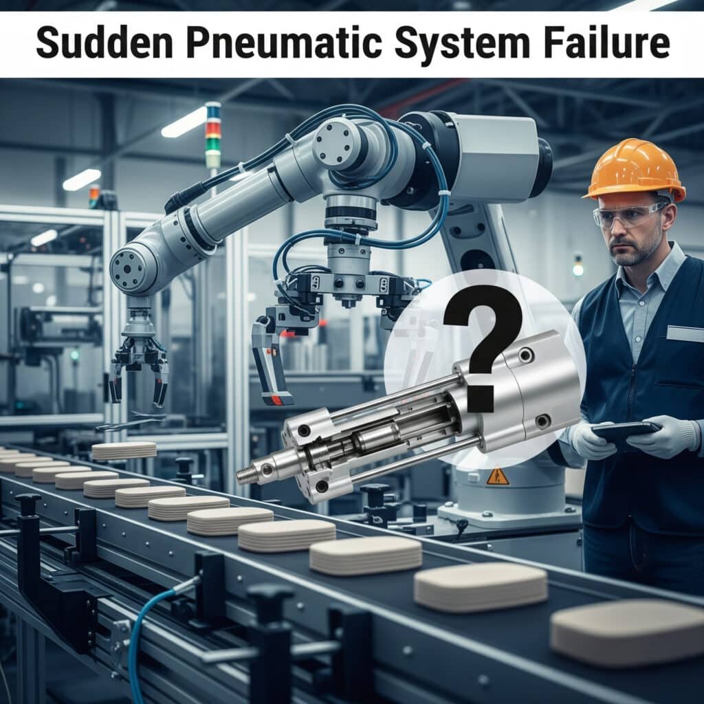 A dramatic illustration of a production line failure. A large industrial robotic arm is frozen in an awkward position over a stopped conveyor belt. A pneumatic cylinder on the arm is visibly broken, with a question mark icon hovering over it to symbolize the unknown root cause. A frustrated engineer in the foreground looks at the stopped machinery, conveying the cost and disruption of an unexpected system failure.