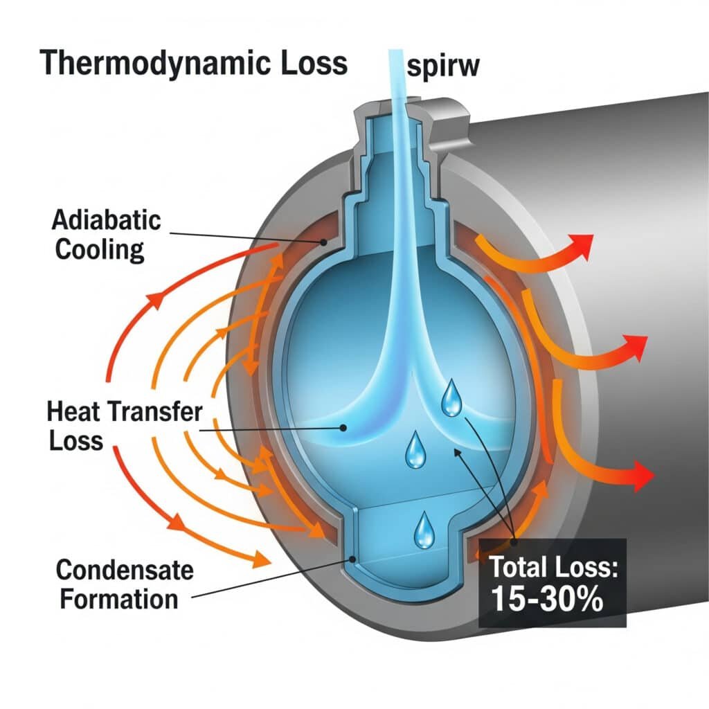 Why Are Thermodynamic Losses Killing Your Pneumatic System Efficiency? 1 A cross-sectional diagram of a pneumatic cylinder illustrating three types of thermodynamic loss. The first, labeled 'Adiabatic Cooling,' shows a blue, cold effect on the expanding gas. The second, 'Heat Transfer Loss,' is depicted as red heat waves radiating from the cylinder's walls. The third, 'Condensate Formation,' is shown as water droplets inside the cylinder. A summary note indicates these factors account for a 'Total Loss: 15-30%'.