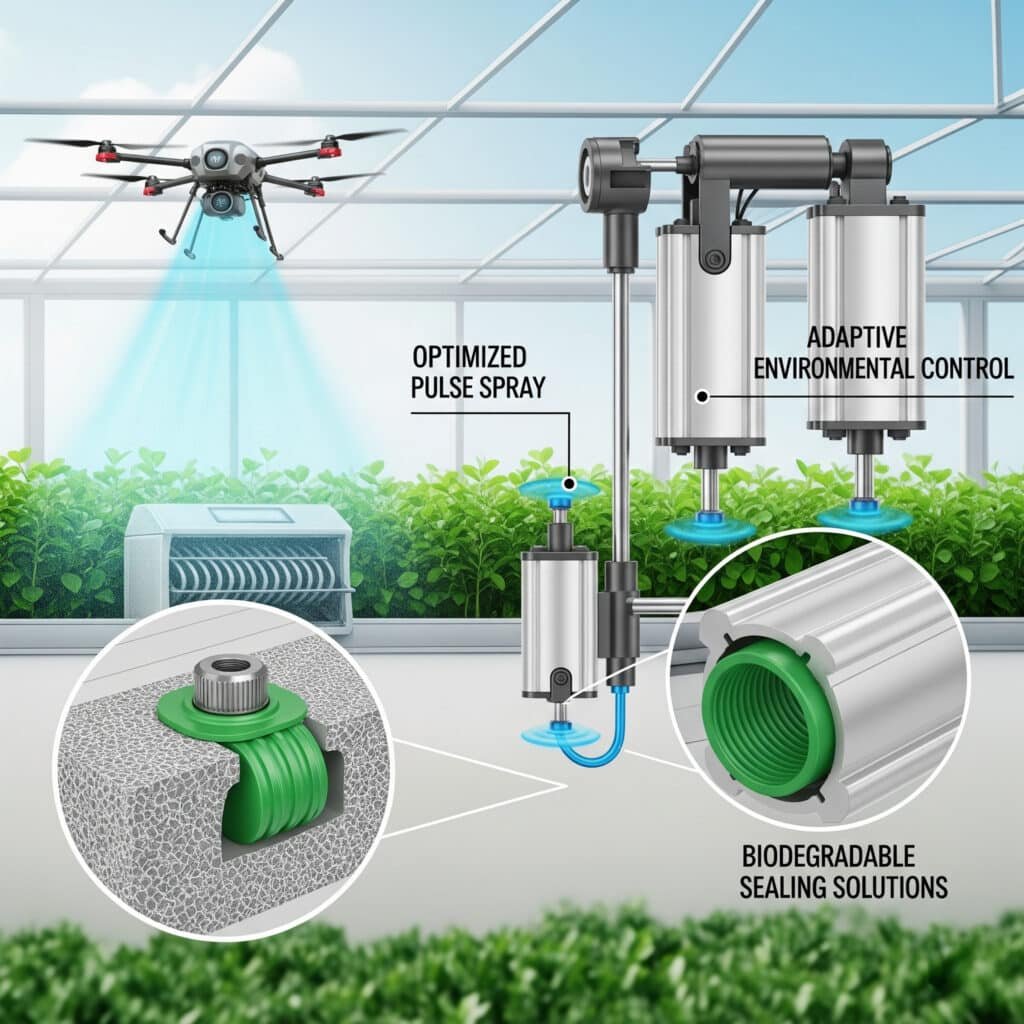 A high-tech infographic showcasing advanced agricultural pneumatics in a single scene. Inside a futuristic greenhouse, a drone is applying 'Optimized Pulse Spray' to crops. Pneumatic cylinders are shown operating roof vents, labeled as 'Adaptive Environmental Control.' A magnified cutaway view of one of the cylinders highlights a green, 'Biodegradable Sealing Solution.