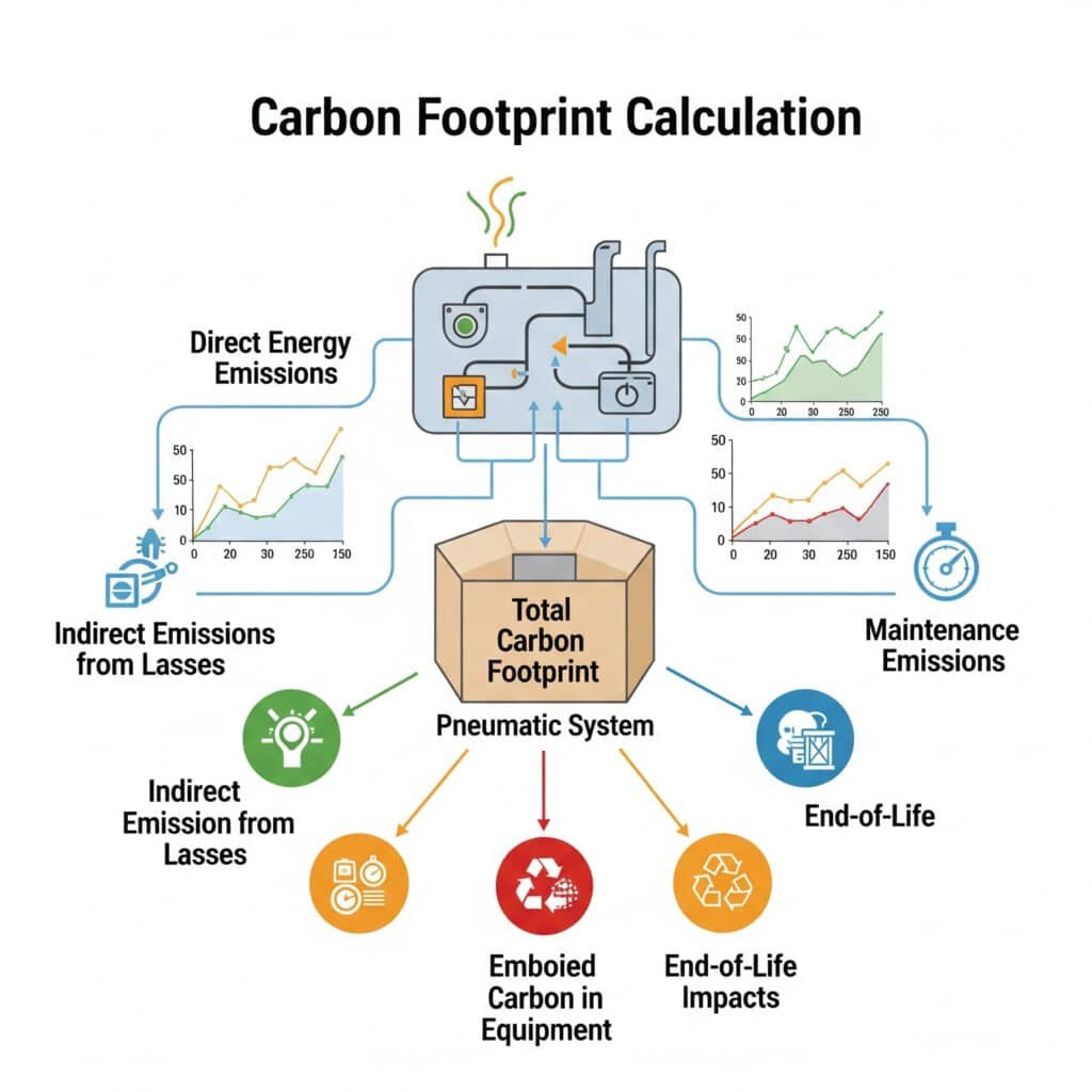 A conceptual infographic about calculating the carbon footprint of a pneumatic system. A central icon of the system points to the 'Total Carbon Footprint.' Five illustrated streams flow into this, representing the different emission sources: 'Direct Energy Emissions,' 'Indirect Emissions from Losses,' 'Embodied Carbon in Equipment,' 'Maintenance Emissions,' and 'End-of-Life Impacts.' Small graphs next to the inputs suggest a dynamic calculation model.