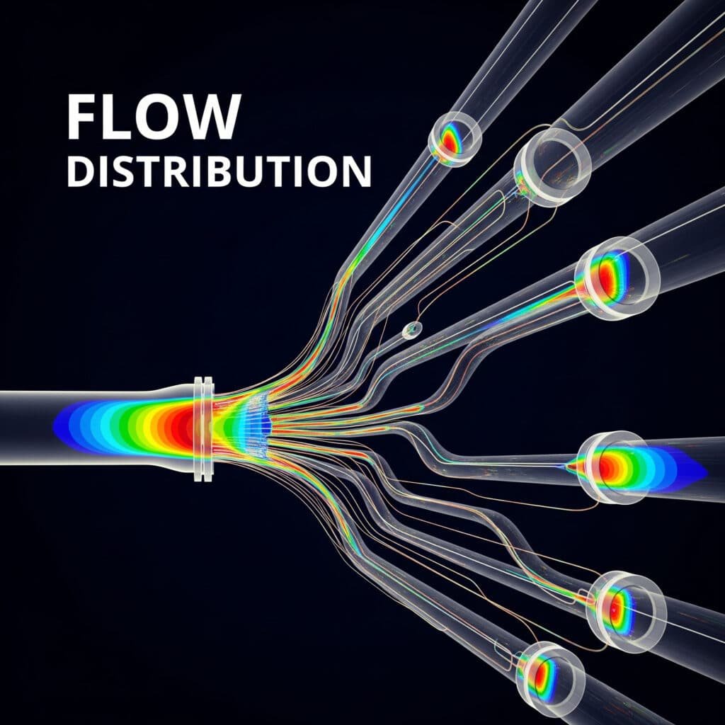 A stylized cover image illustrating flow distribution in a pipeline system. The image shows a network of pipes branching from a single source into multiple paths. Glowing lines within the pipes represent fluid flow, with the brightest and thickest stream following the simplest path, demonstrating the concept of the 'path of least resistance.' A colorful heat map overlay, resembling a CFD analysis, visualizes pressure differences throughout the system.