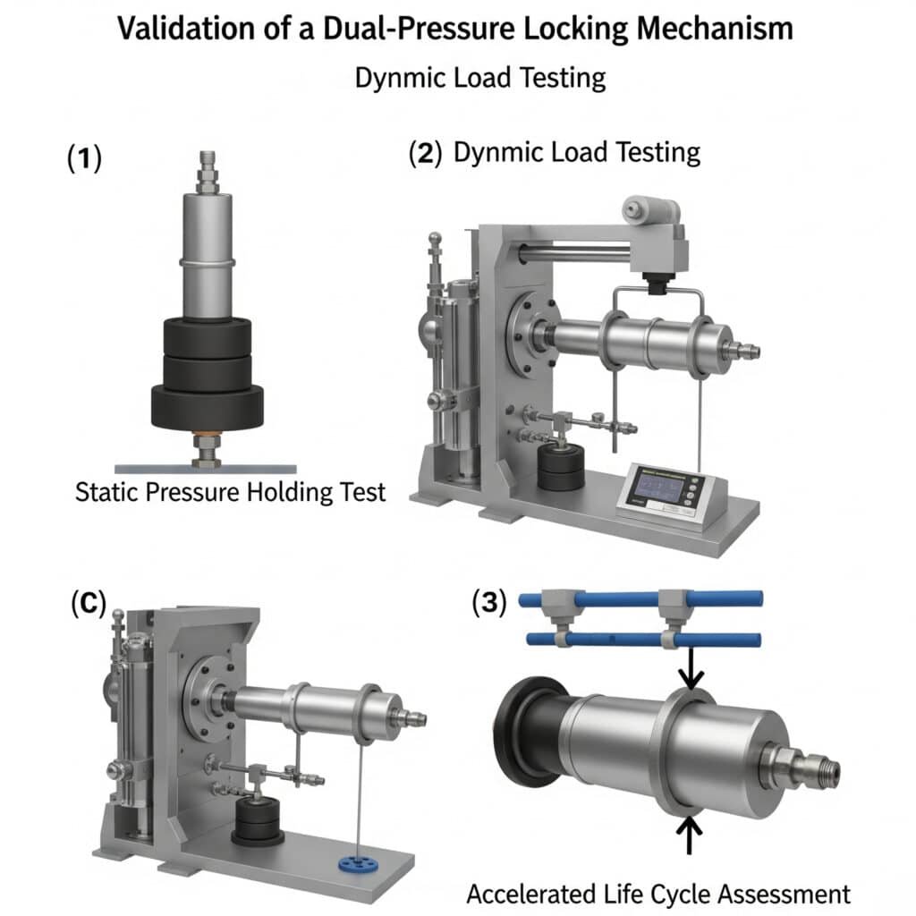 A three-panel infographic illustrating the validation process for a dual-pressure locking mechanism. The first panel shows a 'Static Pressure Holding Test,' where a cylinder's lock holds a heavy weight without any air pressure. The second panel depicts 'Dynamic Load Testing,' with the cylinder on a test rig experiencing variable loads. The third panel shows an 'Accelerated Life Cycle Assessment,' with the cylinder being cycled rapidly on a machine, with a high cycle count displayed on a monitor.