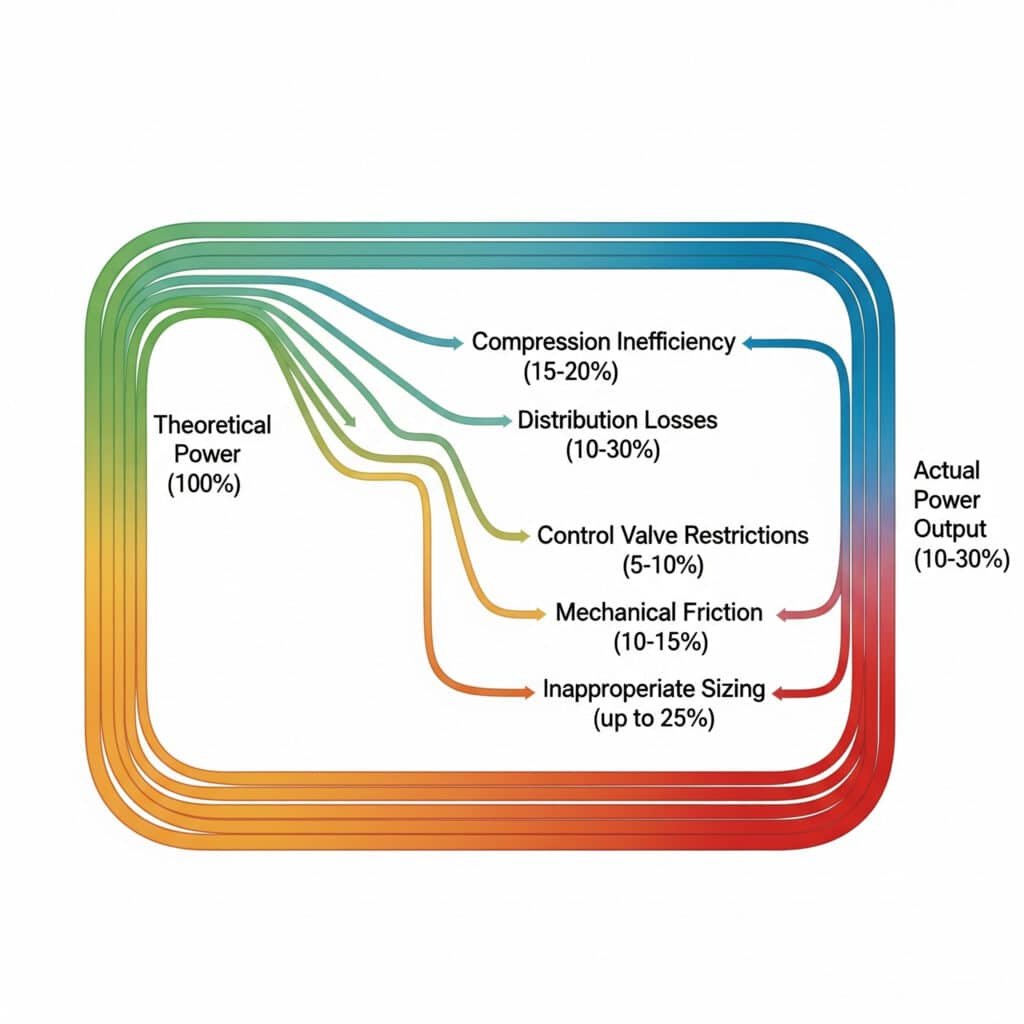 A Sankey diagram infographic visualizing the progressive energy loss in a pneumatic system. A large flow on the left, labeled 'Theoretical Power (100%),' gradually narrows as it moves to the right. Several smaller flows branch off along the way, each labeled with a specific cause of inefficiency and its corresponding percentage loss, such as 'Compression Inefficiency (15-20%)' and 'Distribution Losses (10-30%).' The final, significantly smaller flow on the far right is labeled 'Actual Power Output (10-30%).