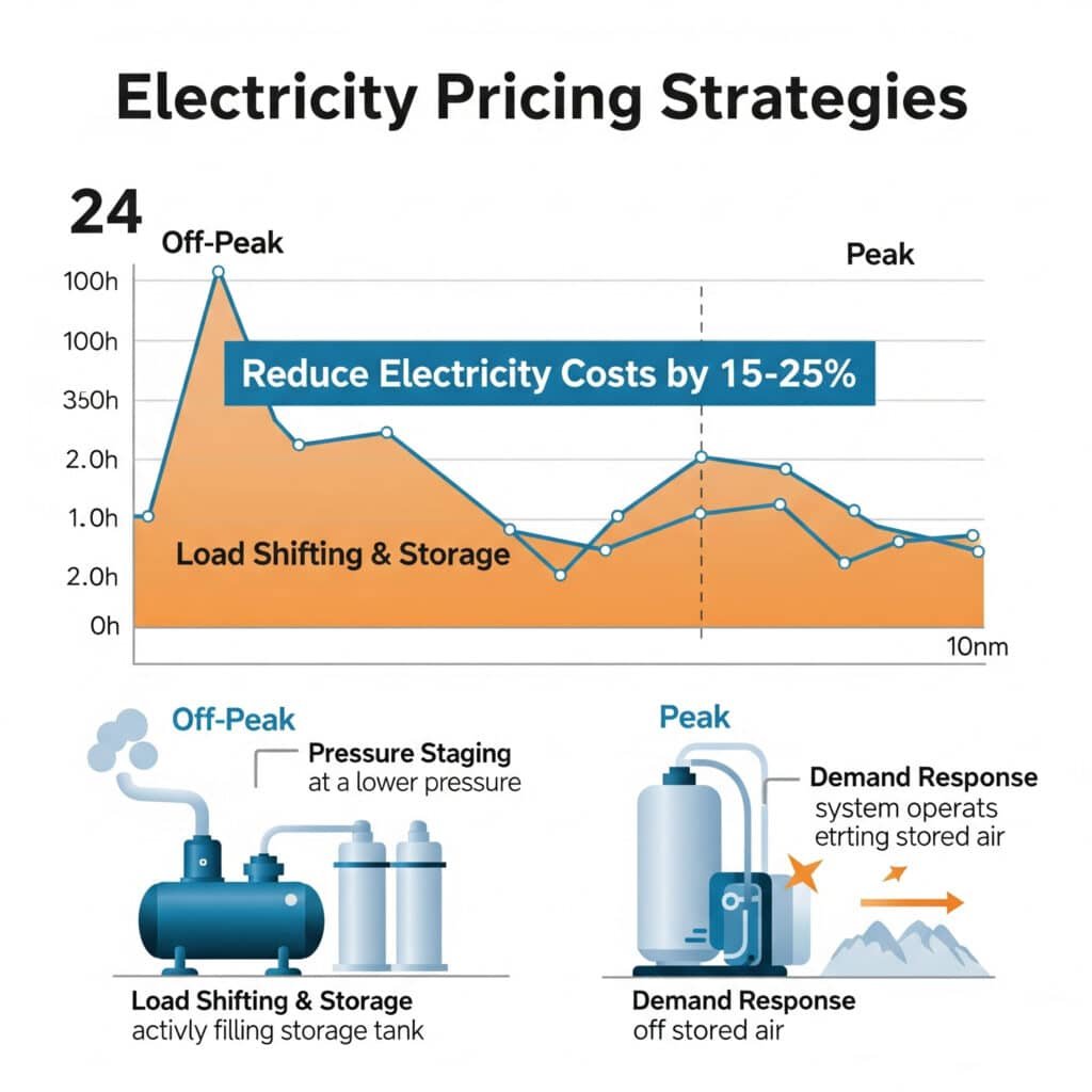 A data-centric infographic about electricity pricing strategies for pneumatic systems, organized around a 24-hour graph of electricity prices. The graph shows low 'Off-Peak' prices and high 'Peak' prices. During the off-peak period, an illustration shows a compressor engaged in 'Load Shifting & Storage,' filling an air tank. During the peak period, the diagram shows the system using 'Pressure Staging' (lower pressure) and running on stored air during a 'Demand Response' event. A banner highlights the potential to 'Reduce Electricity Costs by 15-25%.'