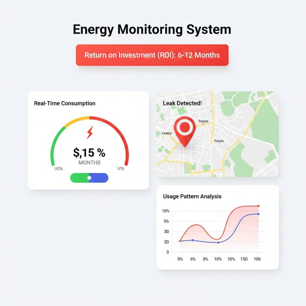 Modern digitális műszerfal egy energiafigyelő rendszerhez. Az infografika több widgetet jelenít meg: az egyik a "Valós idejű fogyasztást" mutatja egy nagy mérőeszközön; egy másik a "Szivárgást észleltem!" riasztást egy létesítménytérképen; a harmadik, a "Használati minták elemzése" pedig egy grafikonon mutatja az energiahatékonysági hiányosságokat. Egy jól látható banner kiemeli a "Befektetés megtérülését (ROI): 6-12 hónap".