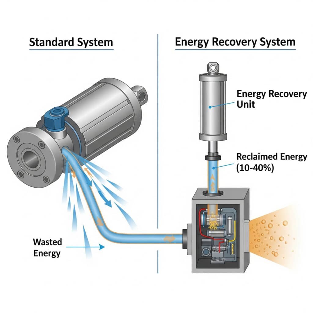 A comparative infographic with two panels. The first panel, labeled 'Standard System,' shows a pneumatic cylinder releasing its exhaust air into the open, with the label 'Wasted Energy.' The second panel, 'Energy Recovery System,' shows the exhaust from a similar cylinder being piped into an 'Energy Recovery Unit,' which then recycles the energy back into the system, highlighted with a label that reads 'Reclaimed Energy (10-40%).