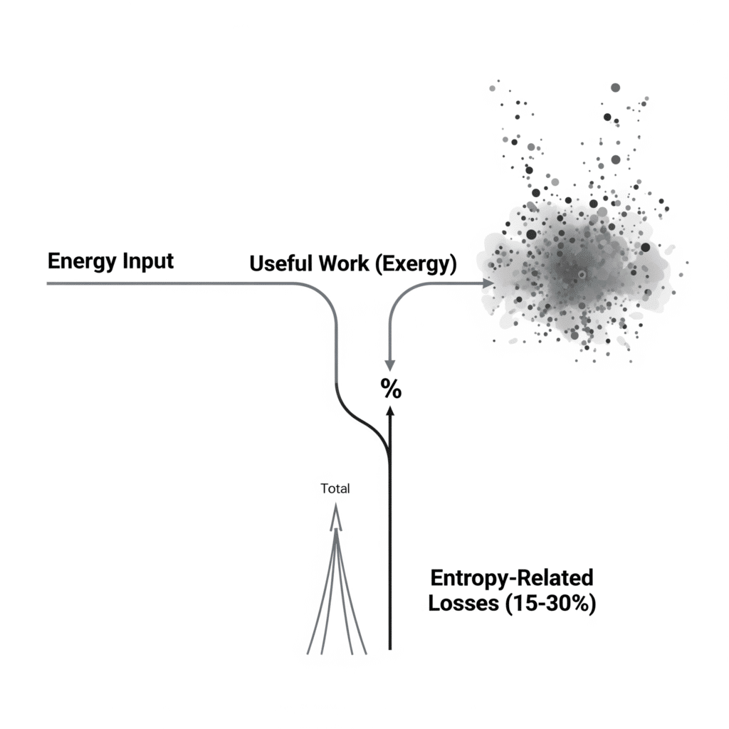 A conceptual infographic explaining entropy and exergy analysis in a pneumatic system. An orderly, straight-flowing arrow labeled 'Total Energy Input' enters from the left and splits into two paths. The primary path, labeled 'Useful Work (Exergy),' continues forward as an efficient, organized stream. The secondary path, labeled 'Entropy-Related Losses (15-30%),' breaks off and dissipates into a chaotic, disordered cloud, visually representing wasted, unusable energy.