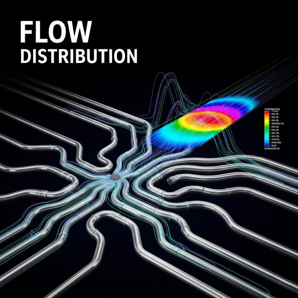 A stylized cover image illustrating flow distribution. A network of clean, modern pipes is shown branching from a single source. Glowing lines inside the pipes represent fluid flow, with the thickest and brightest line following the shortest and simplest path, demonstrating the 'path of least resistance.' A colorful overlay, similar to a computational fluid dynamics (CFD) simulation, shows pressure variations throughout the system.