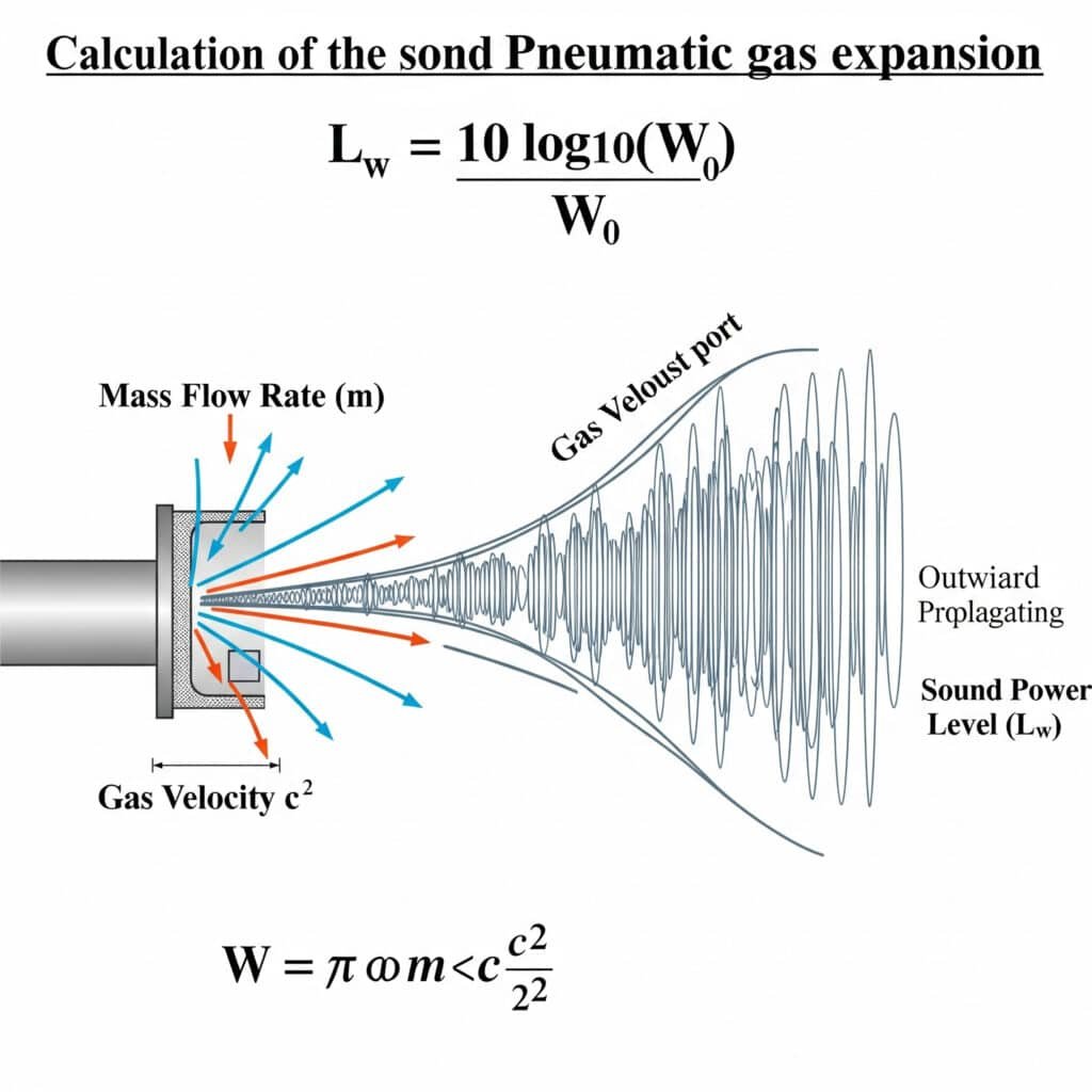 A technical infographic explaining how to calculate noise from pneumatic gas expansion. It features a diagram of a pneumatic exhaust port releasing a plume of gas, which generates sound waves. The gas is labeled with its properties, 'Mass Flow Rate (m)' and 'Gas Velocity (c)'. The sound is labeled 'Sound Power Level (Lw)'. To the side, the key formulas 'Lw = 10 log₁₀(W/W₀)' and 'W = η × m × (c²/2)' are clearly displayed.