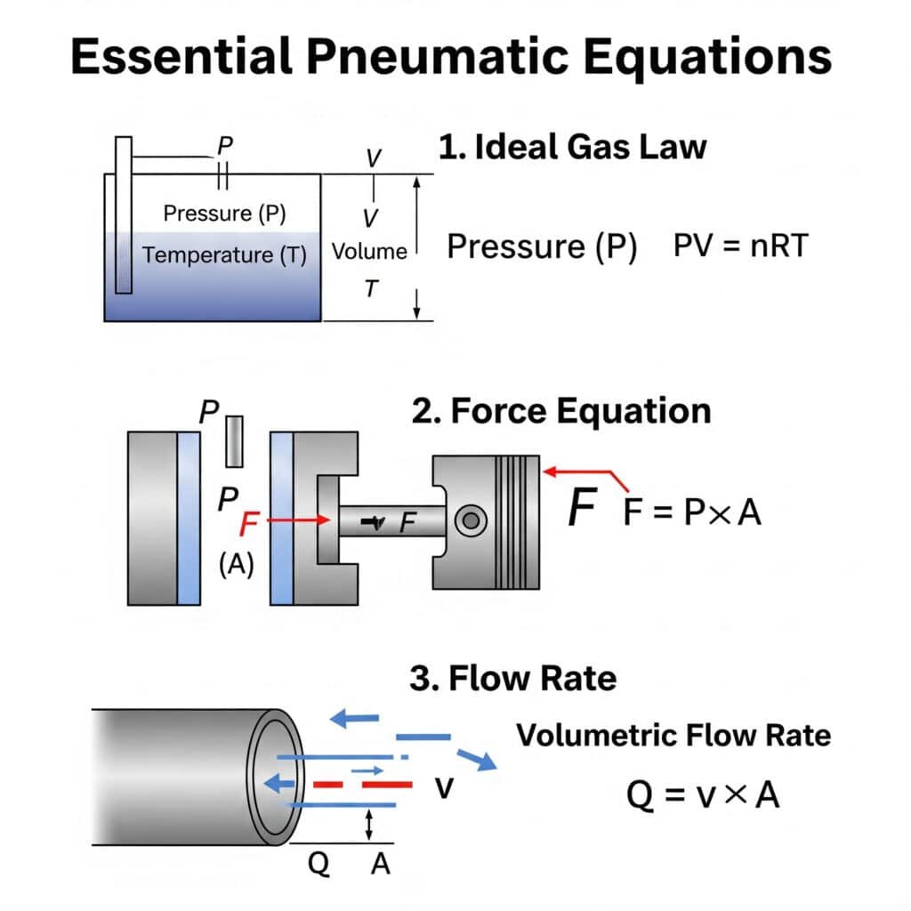 What Are The Essential Pneumatic Transmission Equations Every Engineer Should Know? 1 A three-panel technical infographic displaying essential pneumatic equations. The first panel illustrates the Ideal Gas Law (PV = nRT) with a diagram of a sealed gas tank. The second panel explains the Force Equation (F = P × A) using a diagram of a piston. The third panel shows the Flow Rate relationship (Q = v × A) with a diagram of air moving through a pipe, with each variable in the formulas clearly linked to the corresponding visual element.