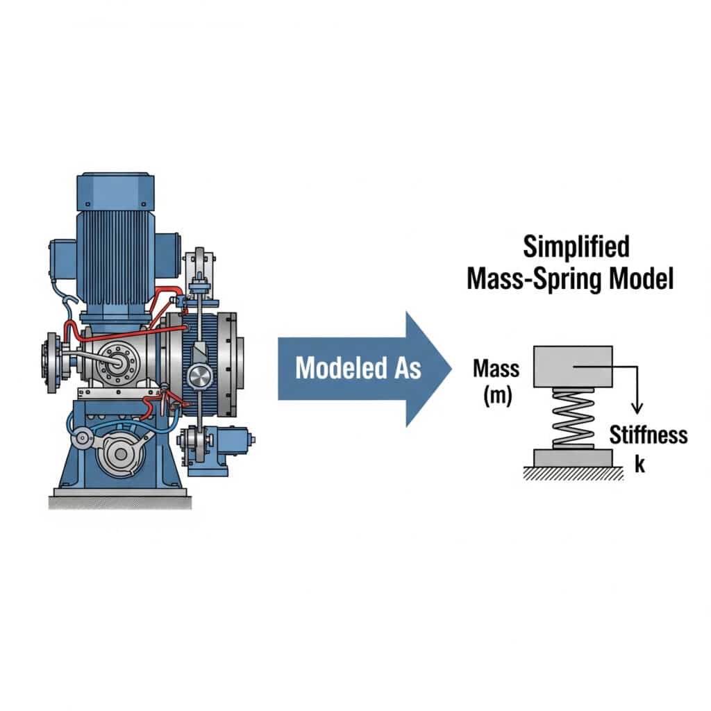 A comparative infographic explaining the mass-spring model. On the left, under the label 'Complex Mechanical System,' is a detailed illustration of an industrial motor. A large arrow labeled 'Modeled As' points to the right. On the right, under the label 'Simplified Mass-Spring Model,' the entire complex motor is represented by a simple block labeled 'Mass (m)' connected to a simple spring labeled 'Stiffness (k)'.