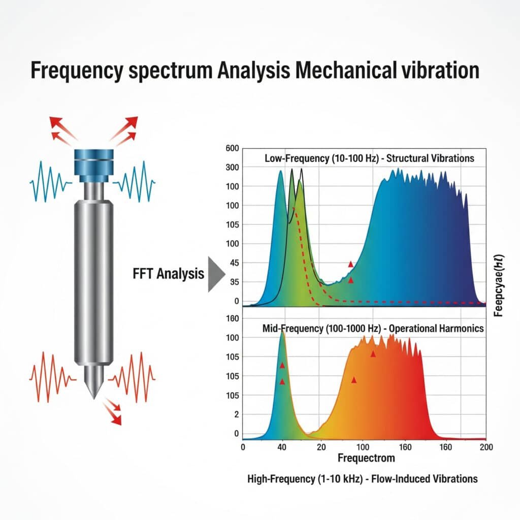 A technical infographic connecting pneumatic mechanical vibration to frequency analysis. On the left side, a diagram of a pneumatic cylinder is shown with vibration lines. An arrow labeled 'FFT Analysis' points to the right side, which displays a frequency spectrum graph. The graph plots amplitude against frequency and is divided into three distinct, labeled regions: 'Low-Frequency (10-100 Hz) - Structural Vibrations,' 'Mid-Frequency (100-1000 Hz) - Operational Harmonics,' and 'High-Frequency (1-10 kHz) - Flow-Induced Vibrations,' each showing representative signal peaks.