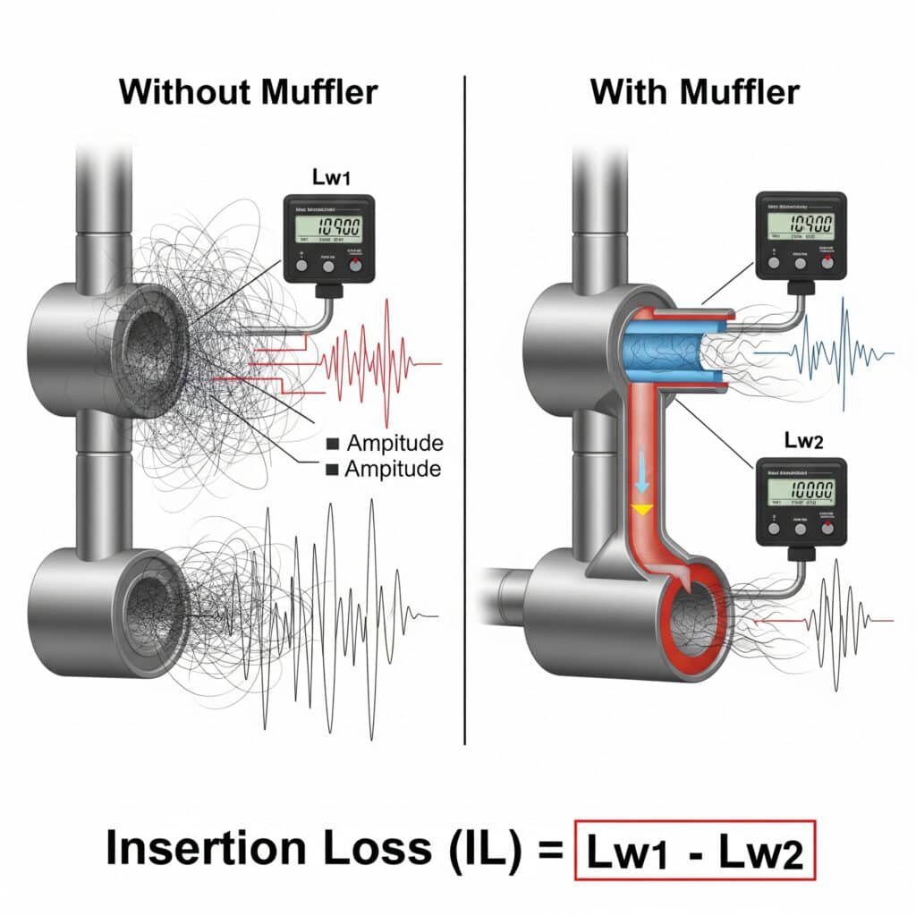 A 'before and after' technical infographic explaining pneumatic muffler insertion loss. The first panel, labeled 'Without Muffler,' shows a pneumatic exhaust port emitting large, loud sound waves, with a corresponding high sound level labeled 'Lw₁'. The second panel, labeled 'With Muffler,' shows the same port with a silencer installed, emitting small, quiet sound waves and a much lower sound level, 'Lw₂'. Below the two panels, the calculation for effectiveness is shown with the formula: 'Insertion Loss (IL) = Lw₁ - Lw₂