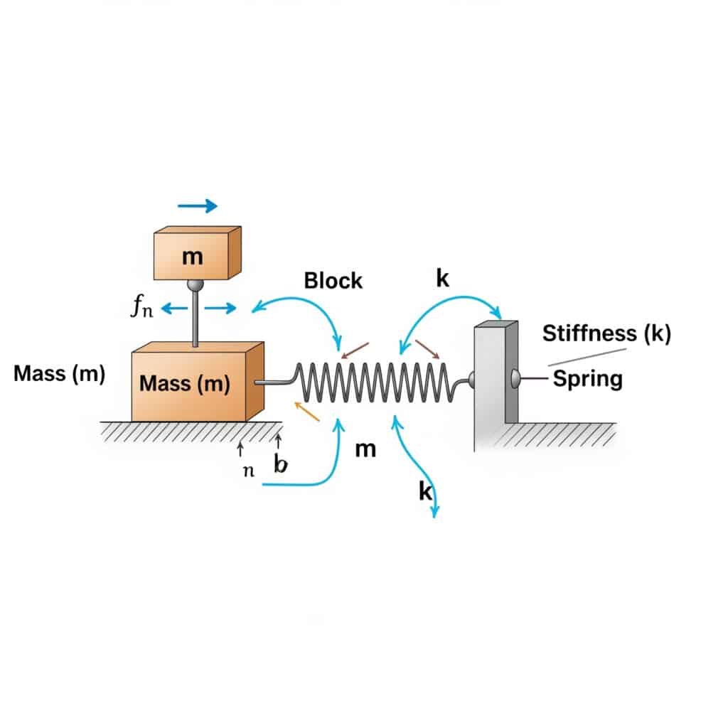 A clean, educational diagram explaining natural frequency. The illustration features a simple mass-spring system, with the block labeled 'Mass (m)' and the spring labeled 'Stiffness (k).' Motion lines show the system is oscillating. Adjacent to the diagram, the formula 'fn = (1/2π) × √(k/m)' is clearly displayed, with arrows explicitly linking the 'm' and 'k' variables in the equation to the corresponding physical parts.
