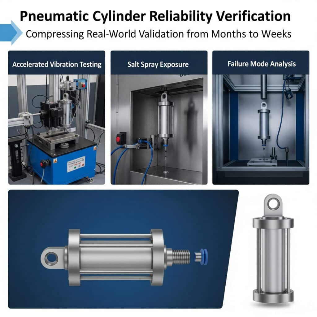 A three-panel infographic illustrating pneumatic cylinder reliability verification. An arrow across the top is labeled 'Compressing Real-World Validation from Months to Weeks.' The first panel, 'Accelerated Vibration Testing,' shows a cylinder on a shaker table. The second panel, 'Salt Spray Exposure,' shows the cylinder in a salt spray chamber. The third panel, 'Failure Mode Analysis,' shows the cylinder disassembled on a workbench for inspection.