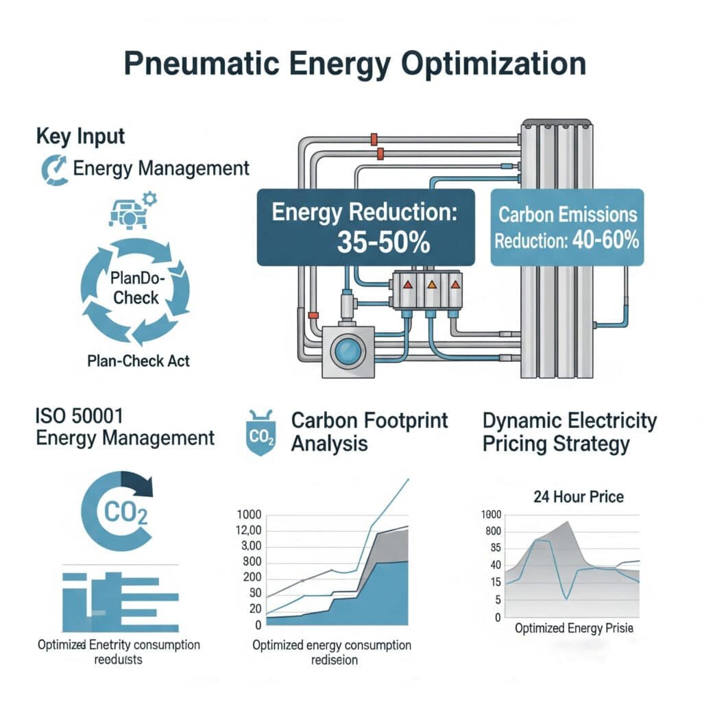 A business infographic about pneumatic energy optimization. A central diagram of a pneumatic system shows the results of this approach: 'Energy Reduction: 35-50%' and 'Carbon Emissions Reduction: 40-60%.' Three input sections show the strategies used to achieve this: 'ISO 50001 Energy Management,' represented by a Plan-Do-Check-Act cycle; 'Carbon Footprint Analysis,' shown as a chart; and 'Dynamic Electricity Pricing Strategy,' illustrated with a 24-hour graph of electricity prices.