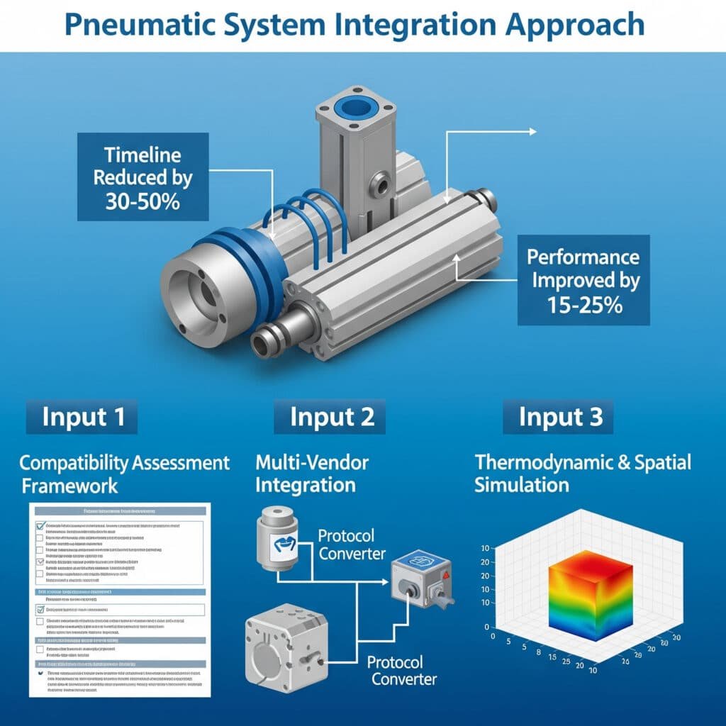 A business process infographic about an effective pneumatic system integration approach. A central 3D layout of an optimized system highlights the results: 'Timeline Reduced by 30-50%' and 'Performance Improved by 15-25%.' Three illustrated strategies are shown leading to this outcome: a 'Compatibility Assessment Framework' shown as a checklist, a 'Multi-Vendor Integration' diagram showing components connected through a 'Protocol Converter,' and a 'Thermodynamic & Spatial Simulation' depicted as a 3D heat map of the system's layout.