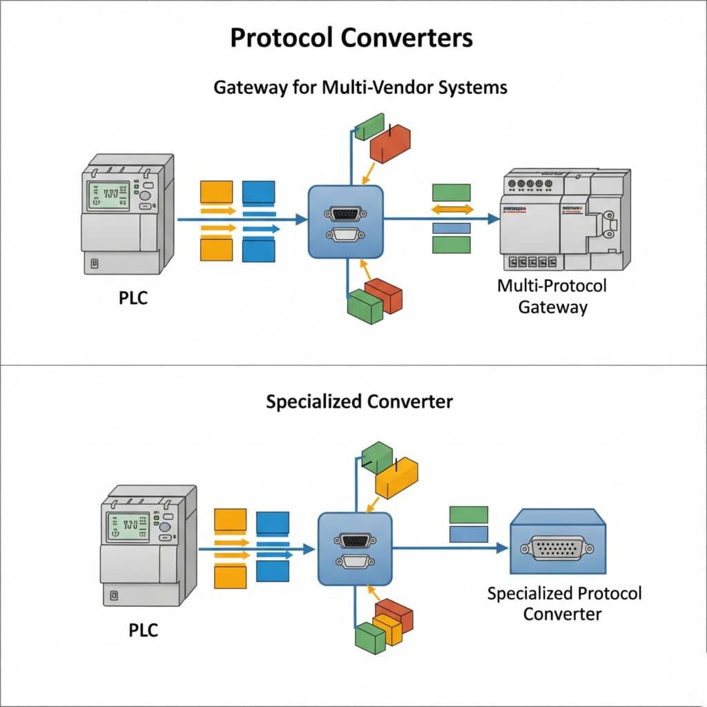 A two-panel infographic explaining pneumatic system protocol converters. The first panel, 'Gateway for Multi-Vendor Systems,' shows a central gateway device translating data between a PLC and several different field devices that use unique protocols. The second panel, 'Specialized Converter,' shows a smaller converter translating data between a PLC and a single device with a proprietary protocol. The diagrams use colored data packets to visualize the translation process.
