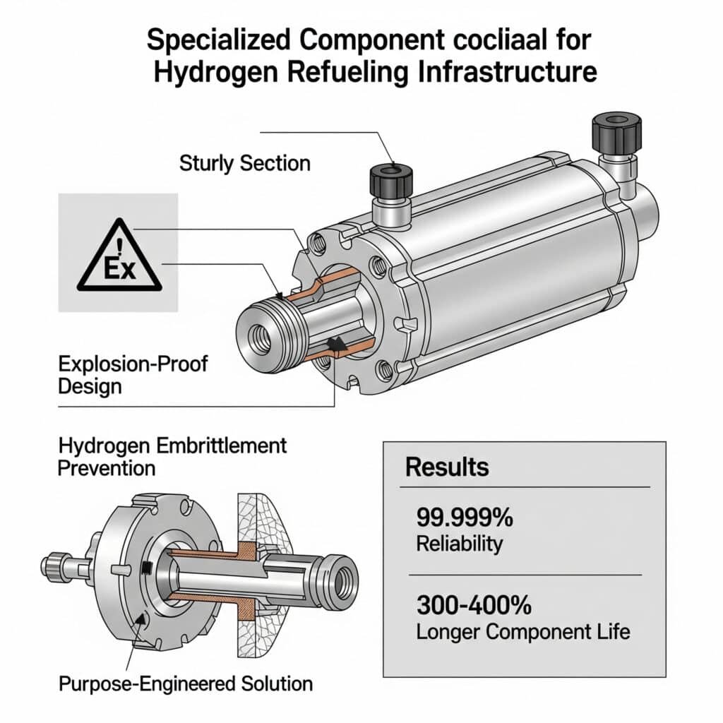 A technical infographic of a specialized pneumatic cylinder designed for hydrogen refueling infrastructure. The robust cylinder has several callouts highlighting its key features: an 'Explosion-Proof Design' indicated by an 'Ex' symbol, a magnified cutaway showing a protective layer for 'Hydrogen Embrittlement Prevention,' and a label for its 'Purpose-Engineered Solution.' A results box notes its '99.999% Reliability' and '300-400% Longer Component Life.
