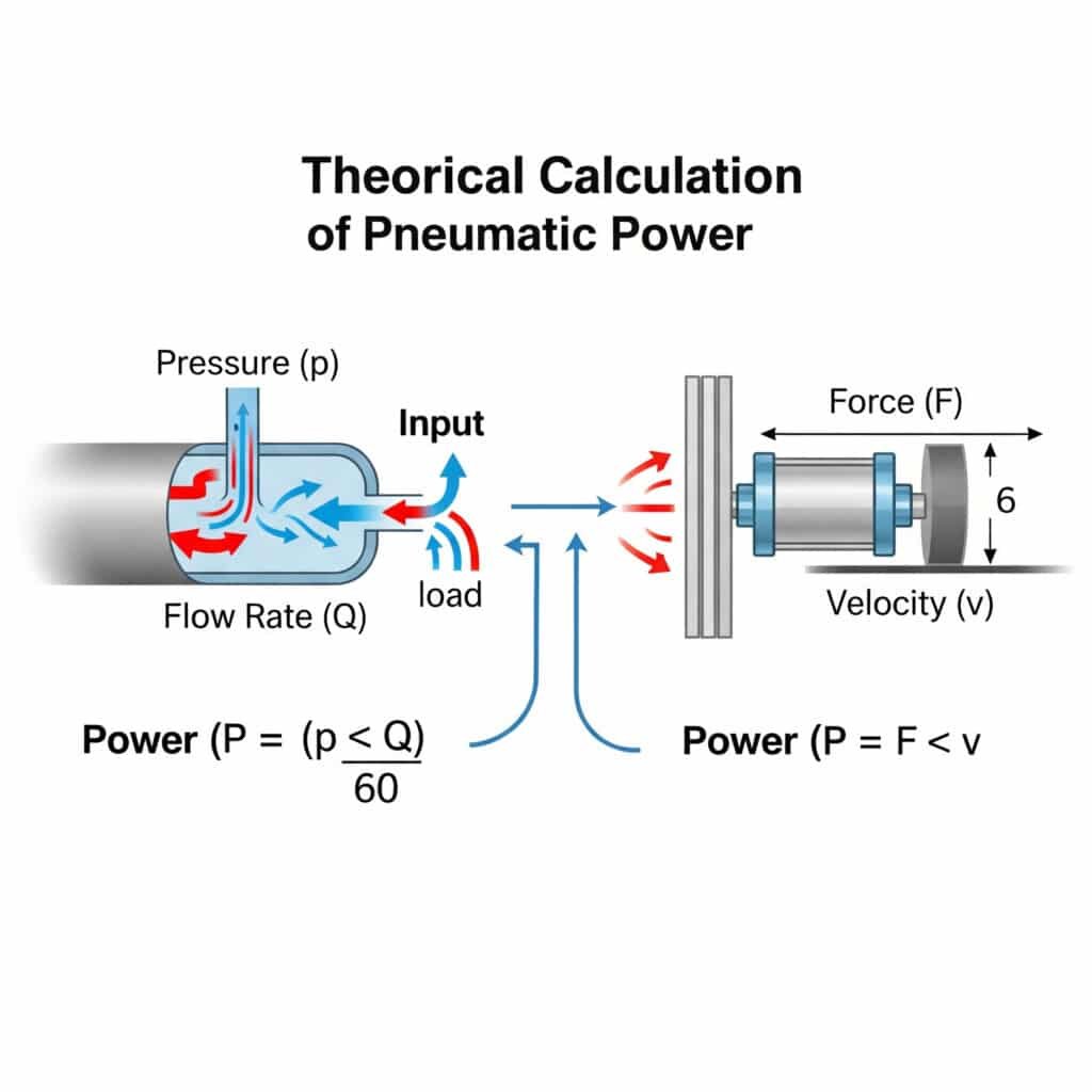 A technical infographic explaining theoretical pneumatic power in two parts. On the left, it illustrates the input air power with a diagram of a pipe showing 'Pressure (p)' and 'Flow Rate (Q)' and the corresponding formula 'P = (p × Q)/60'. On the right, it illustrates the output mechanical power with a diagram of a cylinder showing 'Force (F)' and 'Velocity (v)' and the formula 'P = F × v', visually connecting the two concepts.