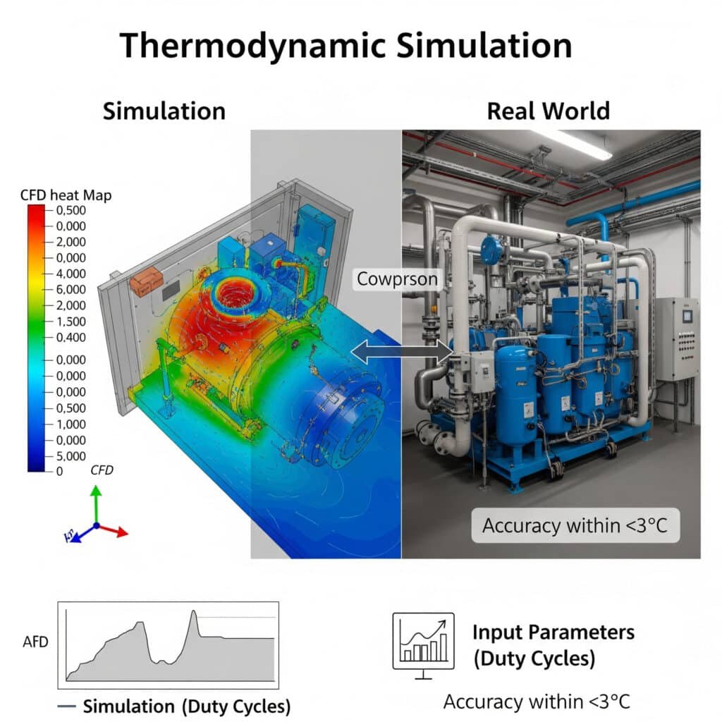 A high-tech infographic explaining thermodynamic simulation using a split-view of a compressor room. The right side, 'Real World,' shows the physical equipment with sensors. The left side, 'Simulation,' shows a colorful CFD heat map of the same room with airflow streamlines. Callouts link the two sides, comparing temperatures and highlighting the simulation's 'Accuracy within ±3°C.' An icon indicates that 'Input Parameters' like duty cycles are used to feed the simulation.
