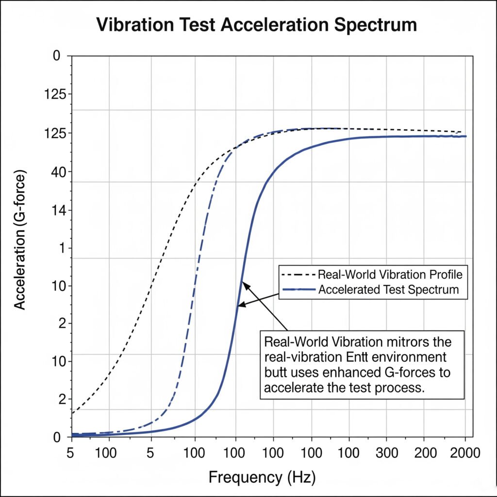 A technical graph of a vibration test acceleration spectrum. It plots Acceleration (G-force) against Frequency (Hz) on a logarithmic scale from 5-2000 Hz. The graph compares two curves: a dashed line representing a 'Real-World Vibration Profile' and a solid line for the 'Accelerated Test Spectrum.' The test spectrum has the same shape as the real-world profile but is amplified to a higher G-force level to accelerate testing, as explained by a callout.