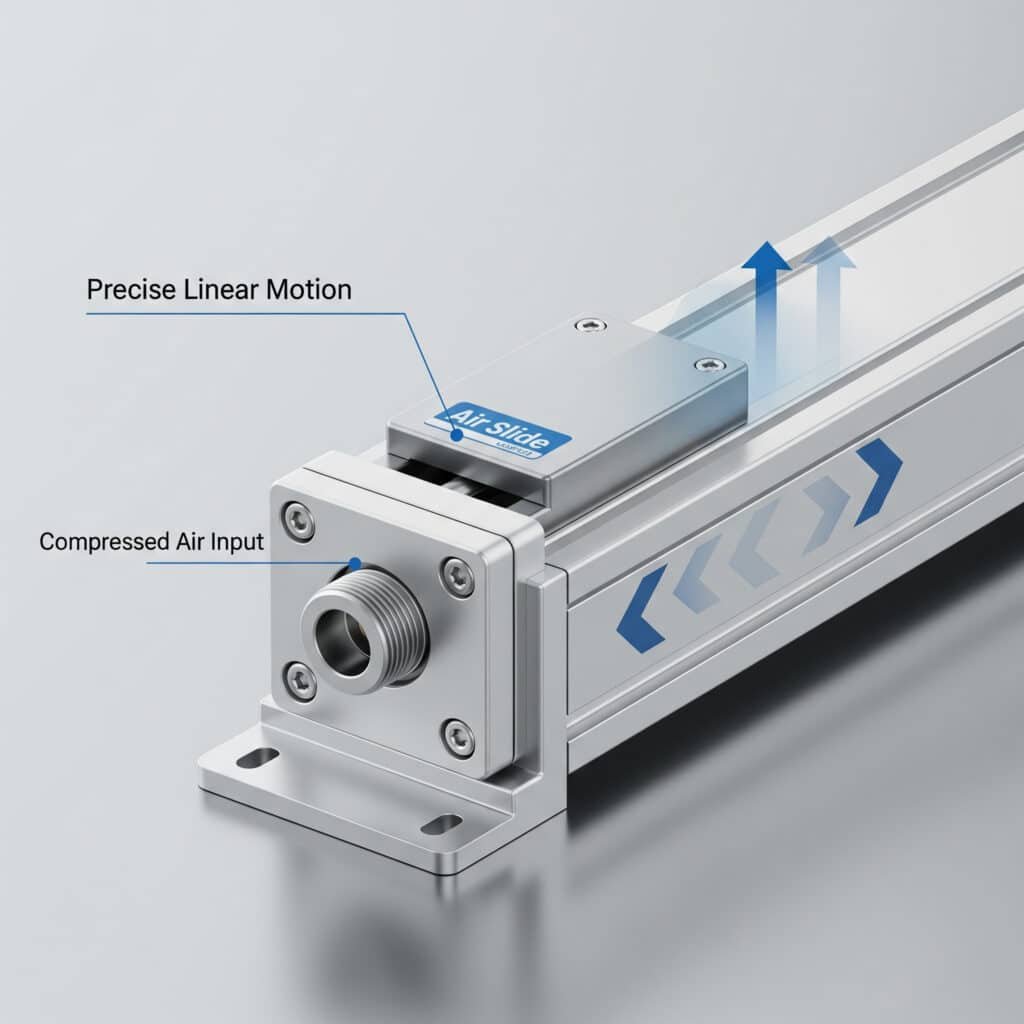 A detailed technical illustration of a metallic "Air Slide." Labels clearly point to the "Compressed Air Input" port and the "Precise Linear Motion" of the sliding block, visually demonstrating the device's core function of converting compressed air into controlled linear movement.
