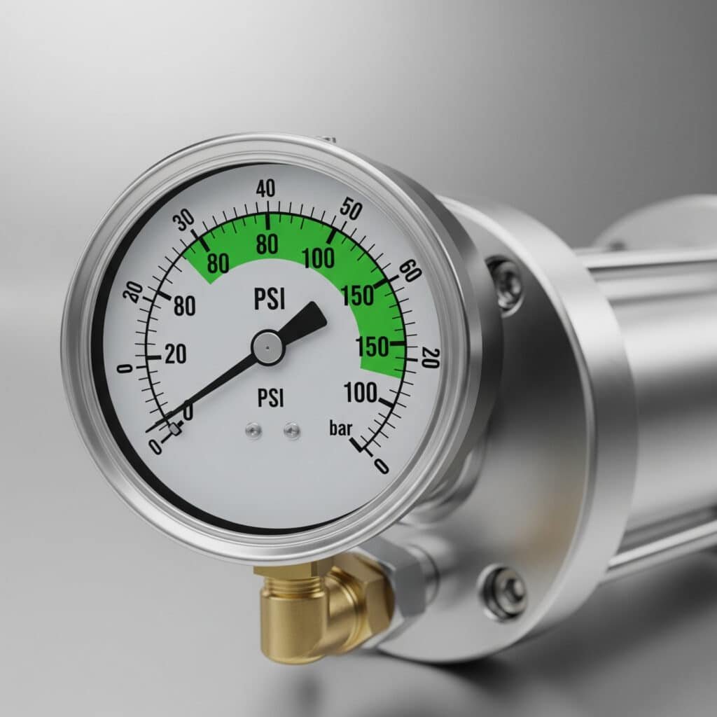 A close-up illustration of an industrial pressure gauge on an air cylinder. The gauge shows a dual scale for PSI and bar. The needle points to 100 PSI, and the typical operating range of 80-150 PSI is highlighted in green on the gauge's face.