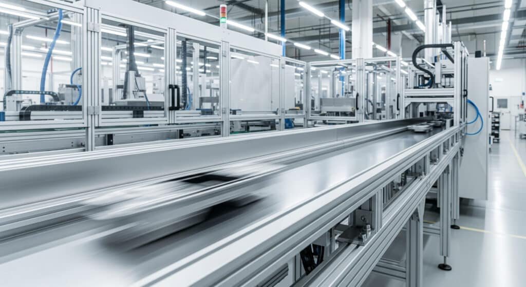 A pneumatic air slide system with a long-stroke actuator precisely moving a part within a bright, automated manufacturing plant, illustrating efficient industrial material handling.