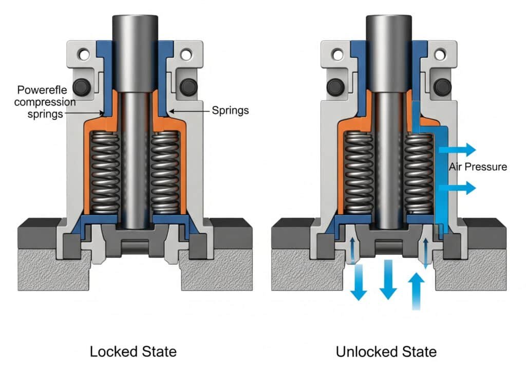 A two-panel cross-section diagram showing how a pneumatic rod lock works. The 'Locked State' panel shows powerful compression springs pushing a mechanism to grip a central piston rod. The 'Unlocked State' panel shows applied air pressure compressing the springs to release the mechanism, allowing the rod to move freely.