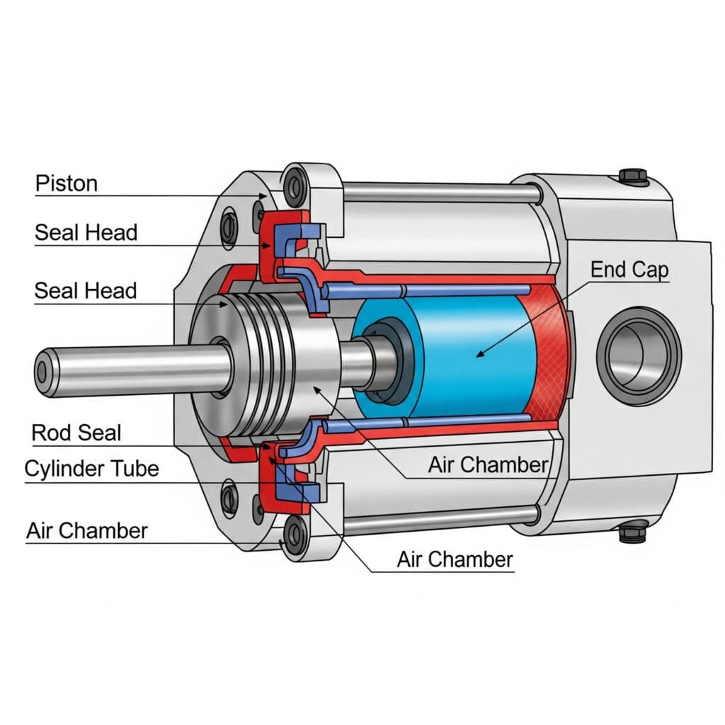 A cross-sectional view of a pneumatic cylinder, clearly showing the piston, seals, and air chambers, with English labels for each component such as piston, piston rod, seal head, rod seal, cylinder tube, air chamber, and end cap.