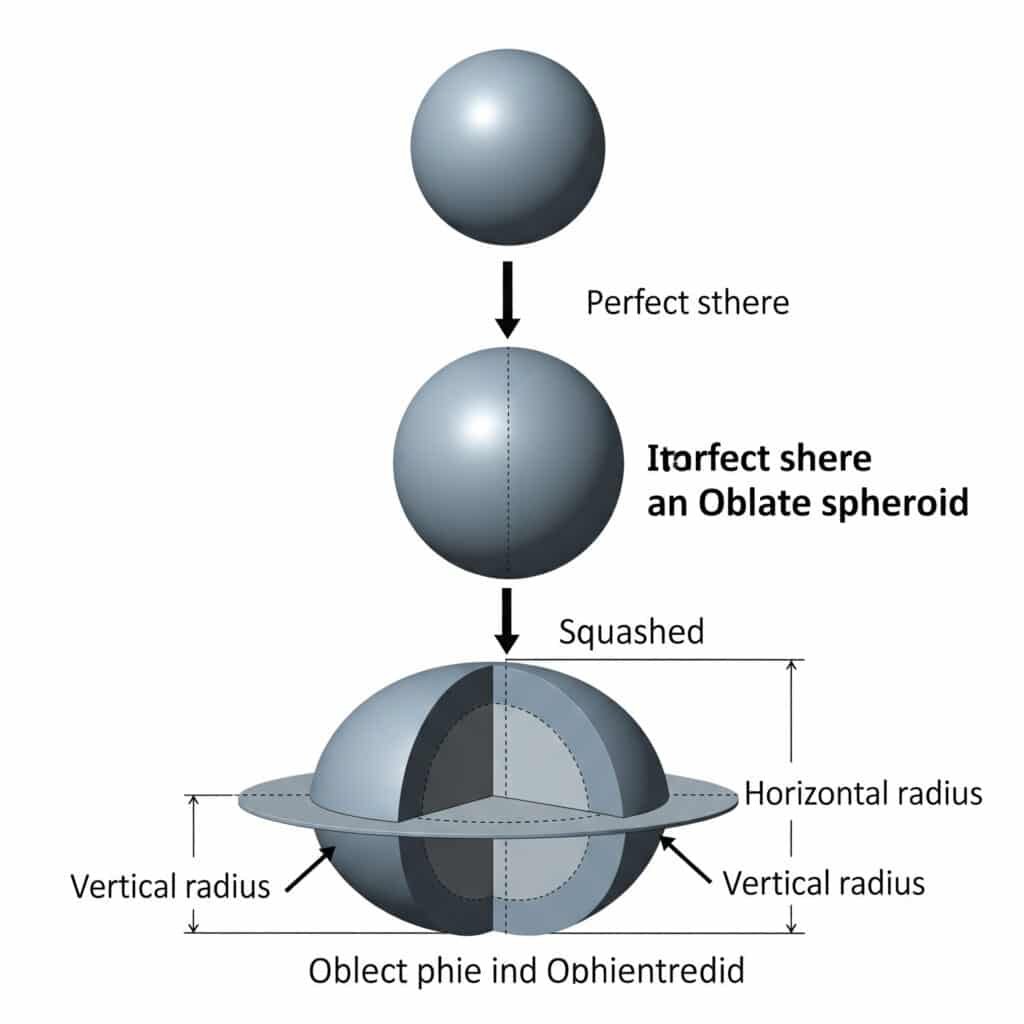 Mükemmel bir kürenin düz bir küreye (oblate spheroid) dönüşümünü gösteren üç aşamalı bir diyagram. Süreç, kürenin ezilerek vurgulanmış bir enine kesite ve farklı uzunluklarda açıkça etiketlenmiş dikey ve yatay yarıçaplara sahip bir şekle dönüştüğünü göstermektedir.