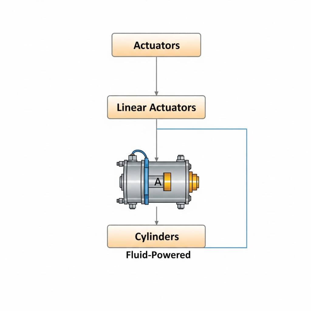 A hierarchical diagram with "Actuators" as the main category at the top, branching down to "Linear Actuators," and then further into the "Cylinders" subset, which is labeled "Fluid-Powered," clearly illustrating the relationship described in the article.