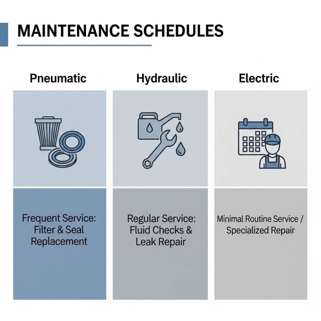 An infographic titled "Maintenance Schedules" compares three actuator technologies. The "Pneumatic" column shows icons of a filter and seals, with the text "Frequent Service: Filter & Seal Replacement." The "Hydraulic" column shows icons of a fluid drop and a wrench, labeled "Regular Service: Fluid Checks & Leak Repair." The "Electric" column shows a calendar and a technician, labeled "Minimal Routine Service / Specialized Repair."