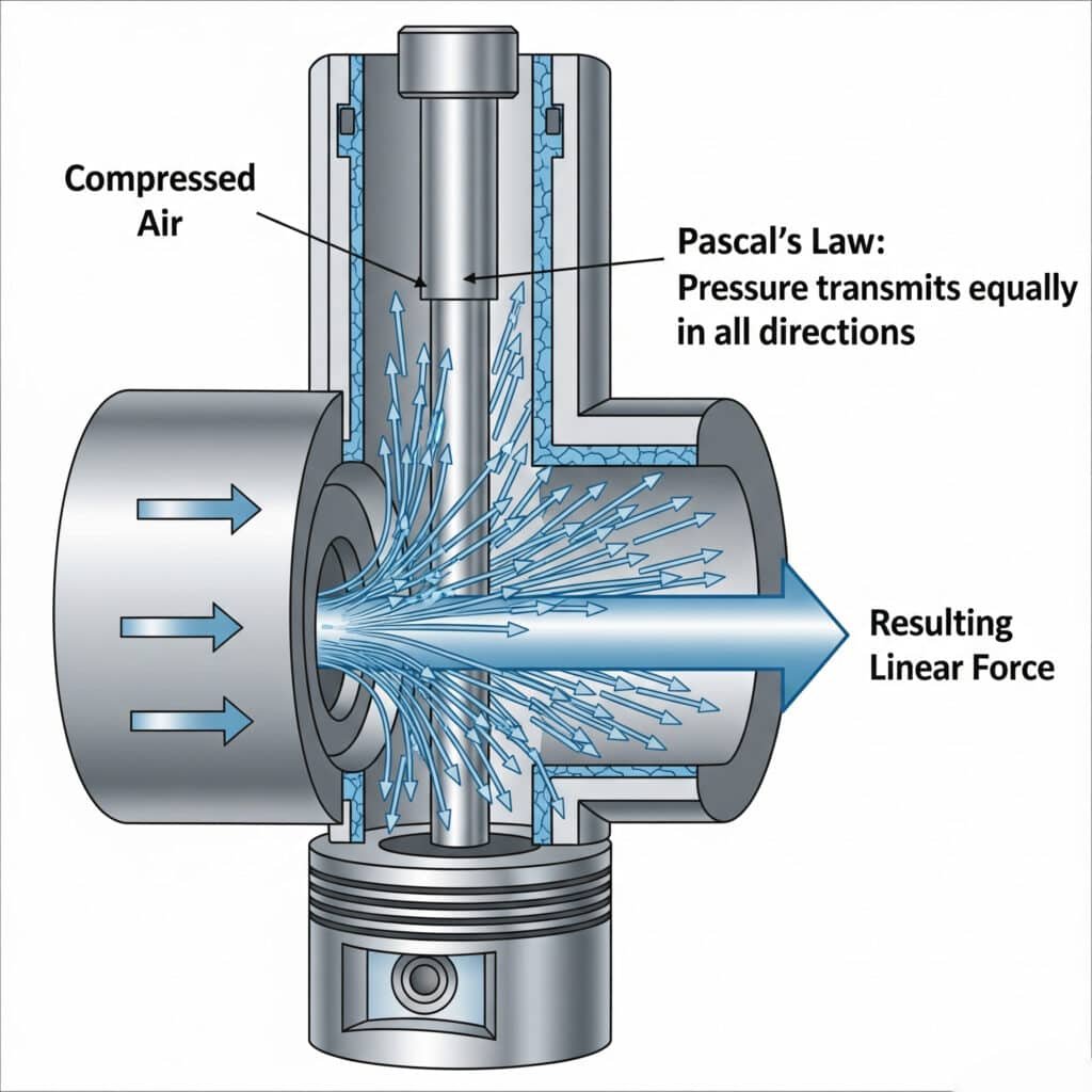 A scientific diagram explaining Pascal's Law, showing a cutaway view of a cylinder. The illustration is labeled to show "Compressed Air" entering, and how "Pascal's Law: Pressure transmits equally in all directions," as depicted by numerous small arrows. This pressure combines to act on a piston, creating a powerful push labeled as the "Resulting Linear Force."