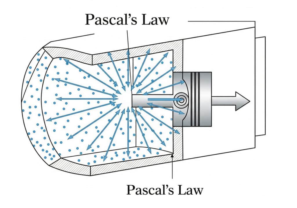 An illustration of Pascal's Law showing a cross-section of a cylinder chamber filled with particles. Arrows radiate from the center to show that pressure is exerted equally in all directions, pushing on a piston to generate force.