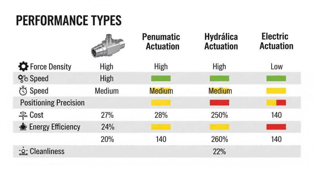 A performance comparison chart for pneumatic, hydraulic, and electric actuators. The chart evaluates them based on force density, speed, positioning precision, cost, energy efficiency, and cleanliness, using a mix of ratings, color bars, and numerical data.